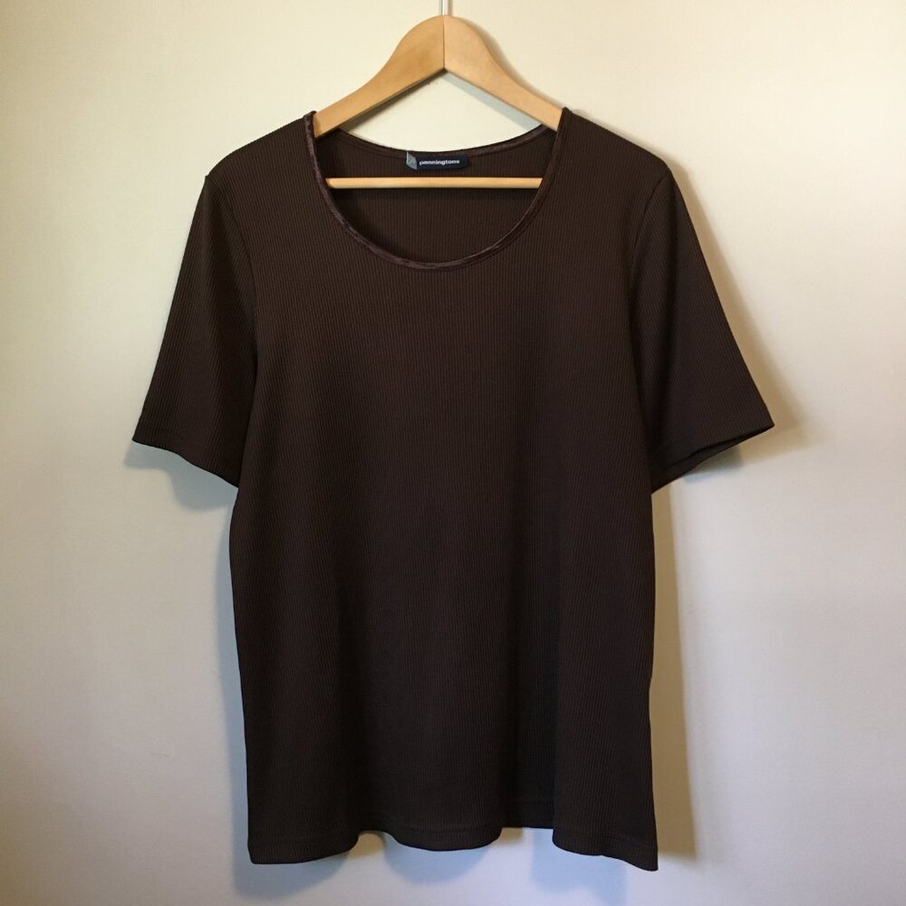 VTG PENNINGTON Dark Chocolate Satiny Collar Ribbed Short Sleeve Top X